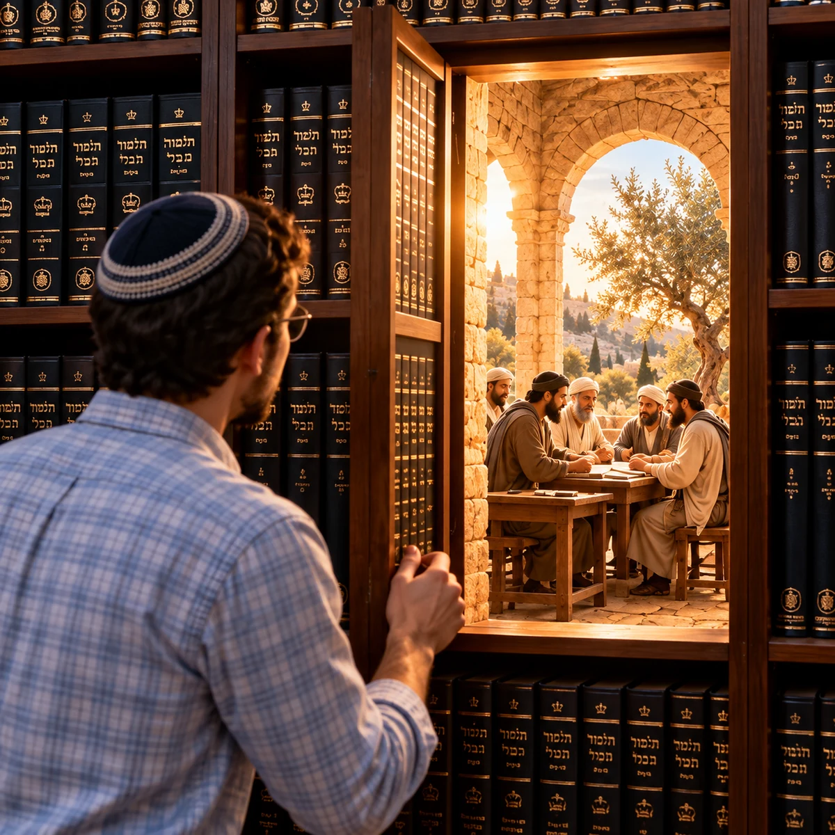 דלת נפתחת בין ארון הספרים לבין בית מדרשם של חכמי ארץ ישראל
