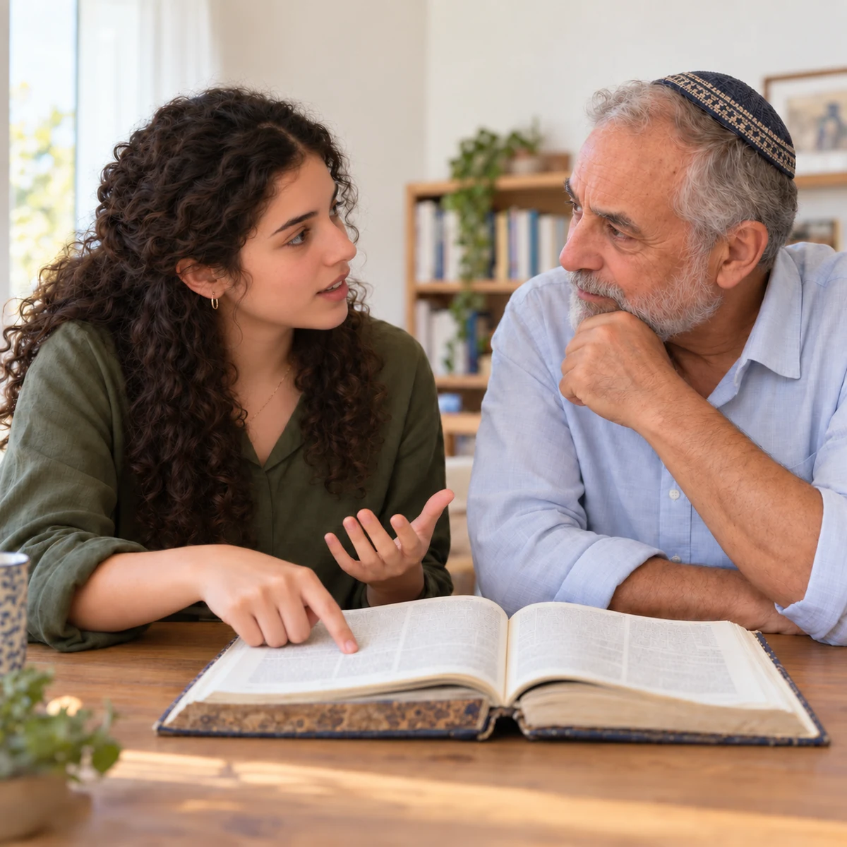 סבא ונכדה בשיחה ובלימוד משותף סביב ספר פתוח